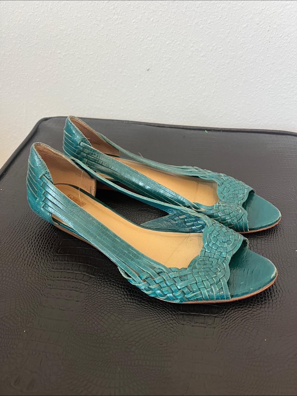 Frye Teal Woven Peep-Toe Flats